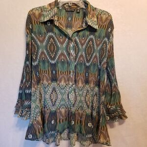 Essentials By Milano XL Top Green Geometric Plissé Pleated Bell Sleeve Y2K Fairy